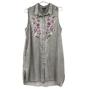 Terre Bleue Womens Large Grey Lyocell Floral Embroidered Sleeveless Shirt Dress